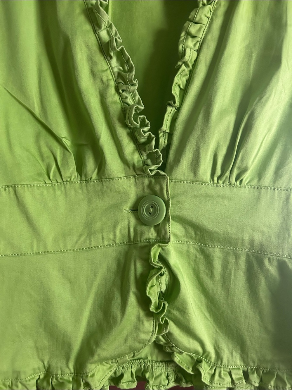 Green Ruffle V-Neck Button Front Top - Picture 3 of 5